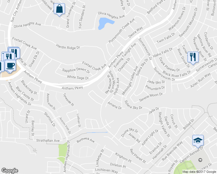 map of restaurants, bars, coffee shops, grocery stores, and more near 2425 Sky Watcher Street in Henderson