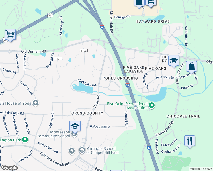 map of restaurants, bars, coffee shops, grocery stores, and more near 4110 Olde Coach Road in Durham