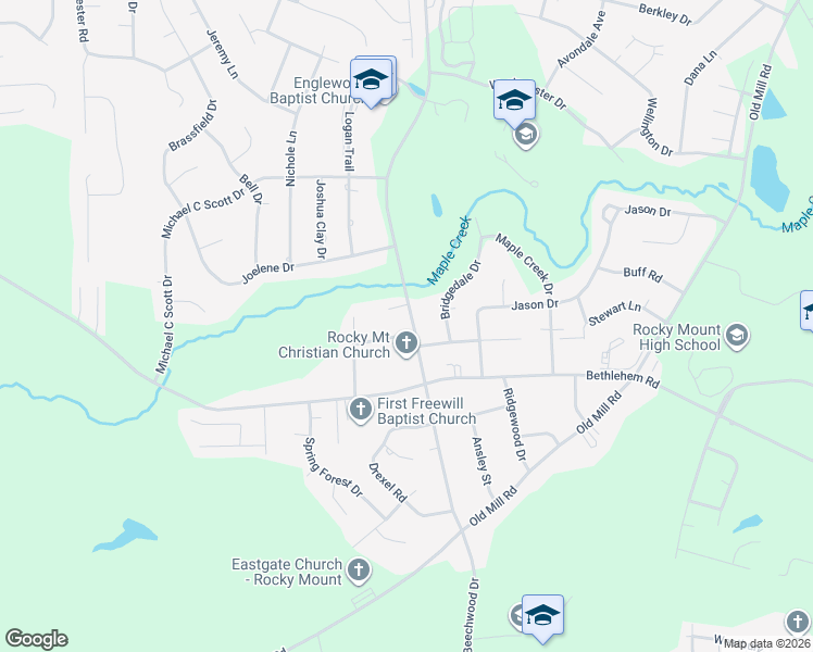 map of restaurants, bars, coffee shops, grocery stores, and more near 1800 Mapleton Drive in Rocky Mount