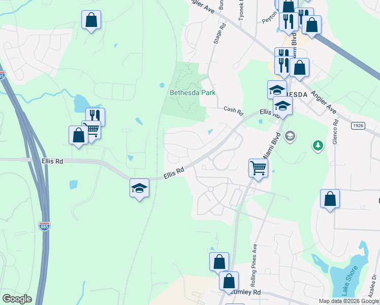 map of restaurants, bars, coffee shops, grocery stores, and more near 2619 Ellis Road in Durham