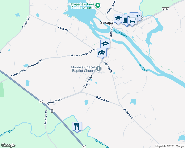 map of restaurants, bars, coffee shops, grocery stores, and more near Church Road in Saxapahaw