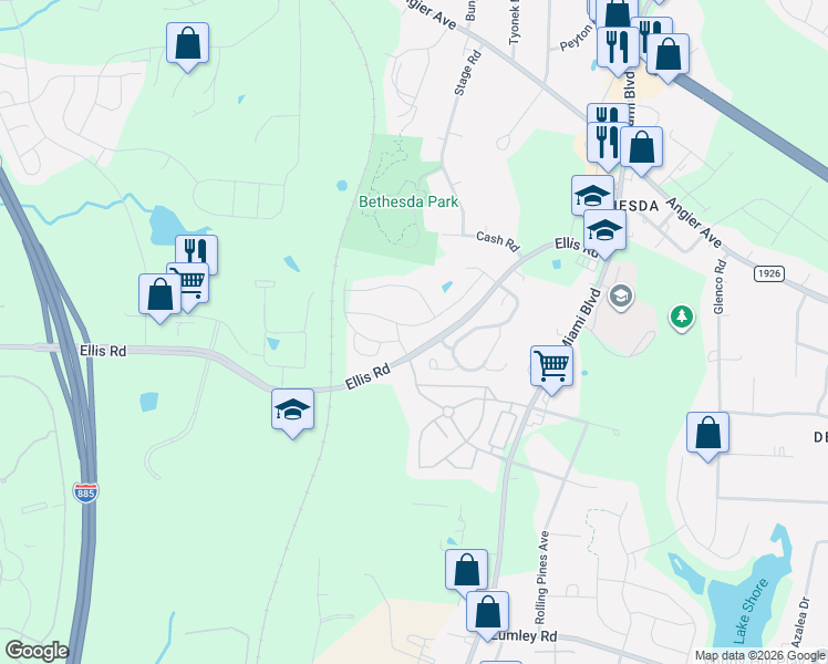 map of restaurants, bars, coffee shops, grocery stores, and more near 2619 Ellis Road in Durham