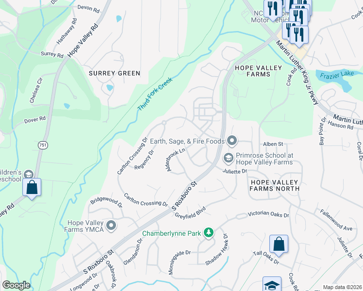 map of restaurants, bars, coffee shops, grocery stores, and more near 4513 Alderbrook Lane in Durham