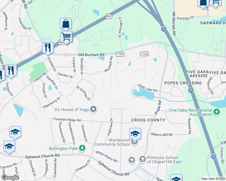 map of restaurants, bars, coffee shops, grocery stores, and more near 318 Charleston Lane in Chapel Hill