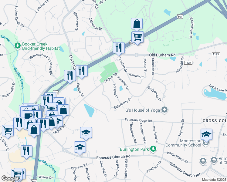 map of restaurants, bars, coffee shops, grocery stores, and more near 125 Forsyth Drive in Chapel Hill