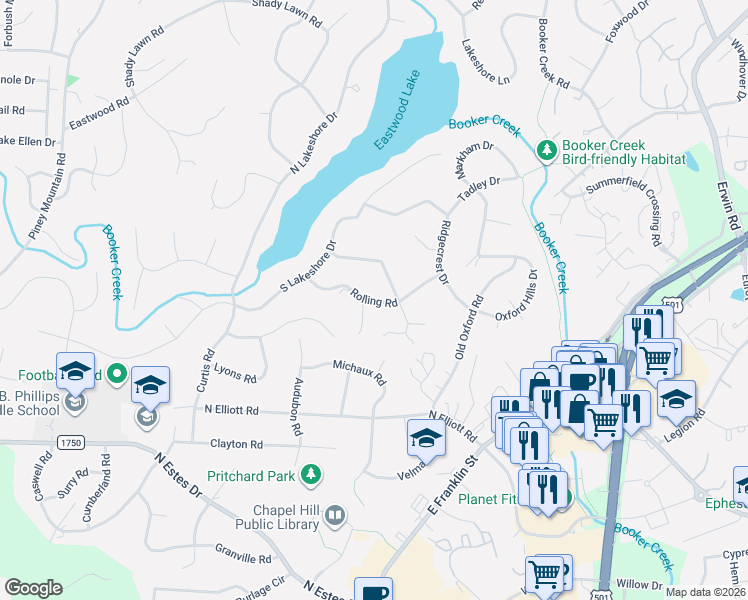 map of restaurants, bars, coffee shops, grocery stores, and more near 237 Woodhaven Road in Chapel Hill