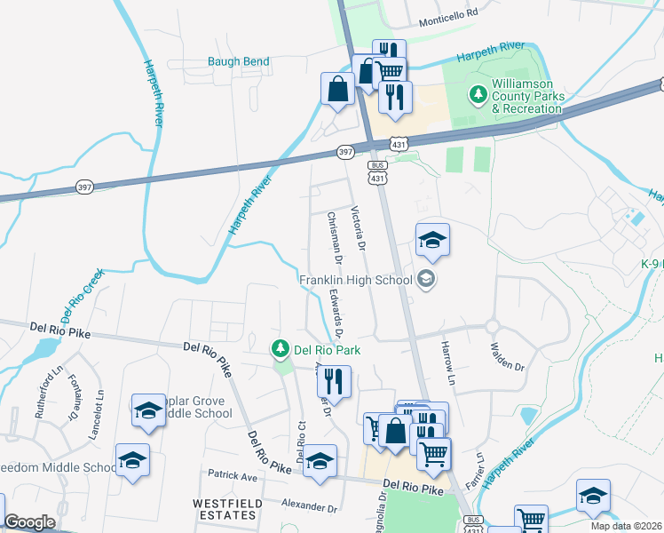 map of restaurants, bars, coffee shops, grocery stores, and more near 819 Chrisman Drive in Franklin