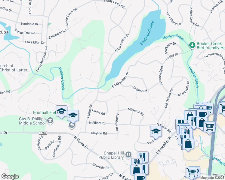 map of restaurants, bars, coffee shops, grocery stores, and more near 1808 South Lakeshore Drive in Chapel Hill