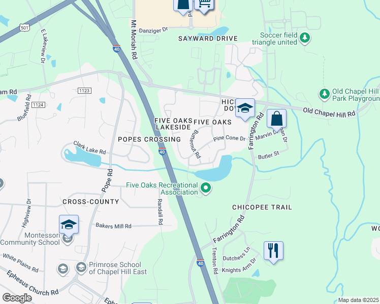 map of restaurants, bars, coffee shops, grocery stores, and more near 5034 Butternut Road in Durham
