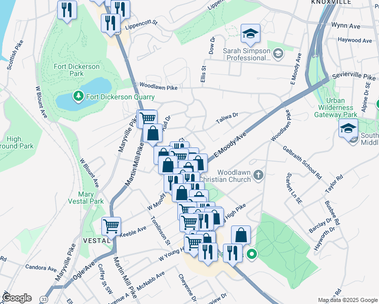 map of restaurants, bars, coffee shops, grocery stores, and more near 3717 Taliwa Gardens Drive in Knoxville