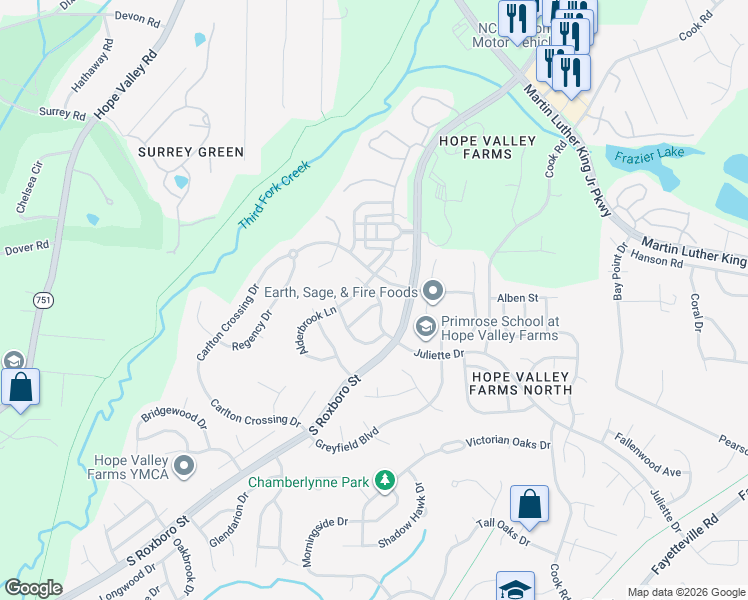map of restaurants, bars, coffee shops, grocery stores, and more near 4502 Conklin Drive in Durham