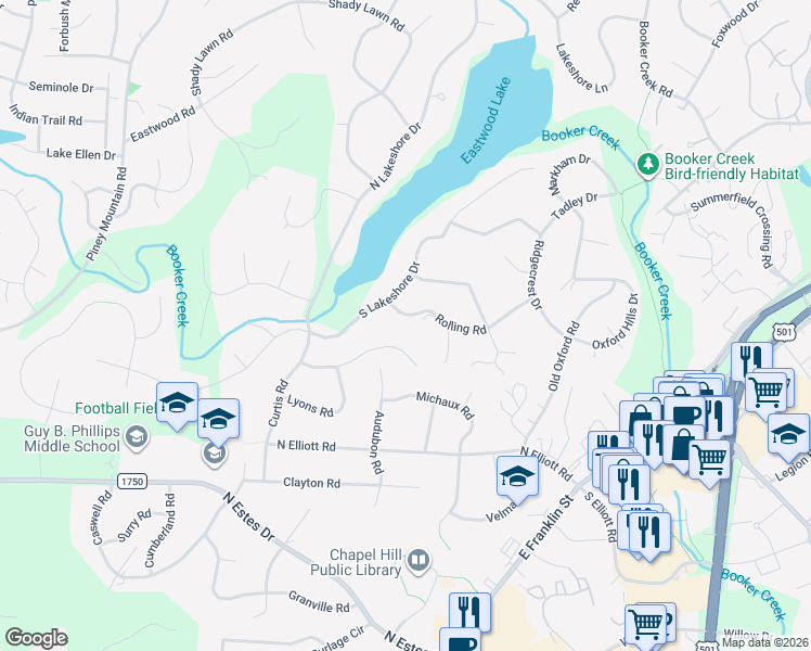 map of restaurants, bars, coffee shops, grocery stores, and more near 1808 Rolling Road in Chapel Hill