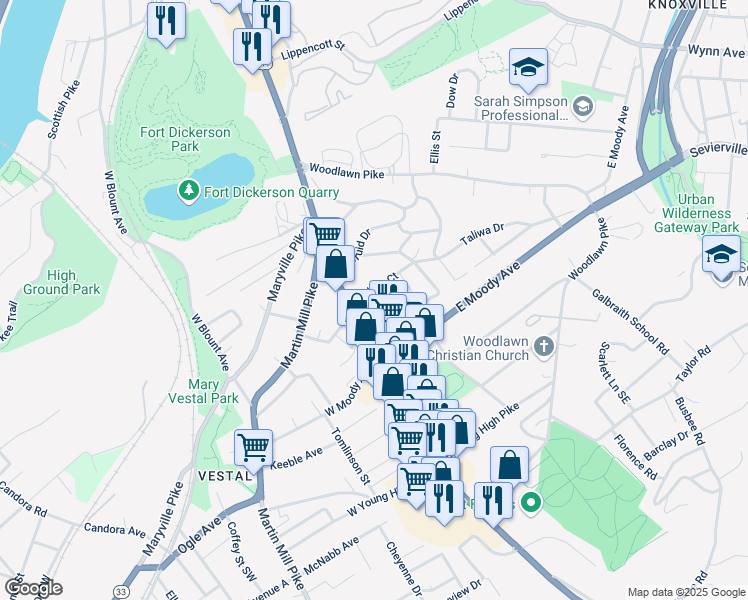 map of restaurants, bars, coffee shops, grocery stores, and more near 122 Taliwa Court in Knoxville