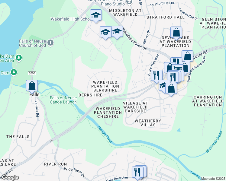 map of restaurants, bars, coffee shops, grocery stores, and more near 13205 Ellesmere Court in Raleigh
