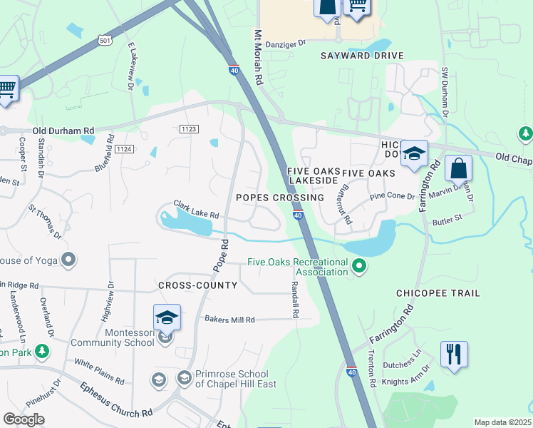 map of restaurants, bars, coffee shops, grocery stores, and more near 4105 Olde Coach Road in Durham