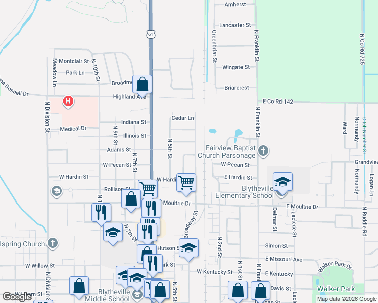 map of restaurants, bars, coffee shops, grocery stores, and more near 1135 Terry Lane in Blytheville