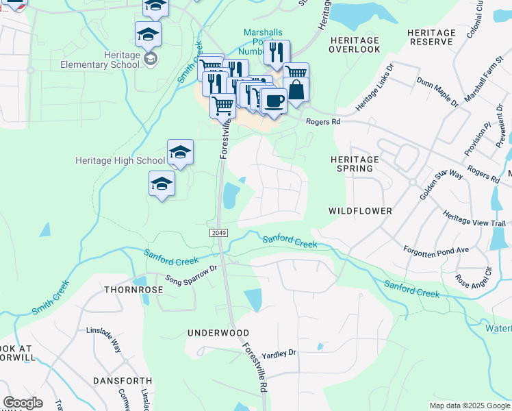 map of restaurants, bars, coffee shops, grocery stores, and more near Penfield Street in Wake Forest