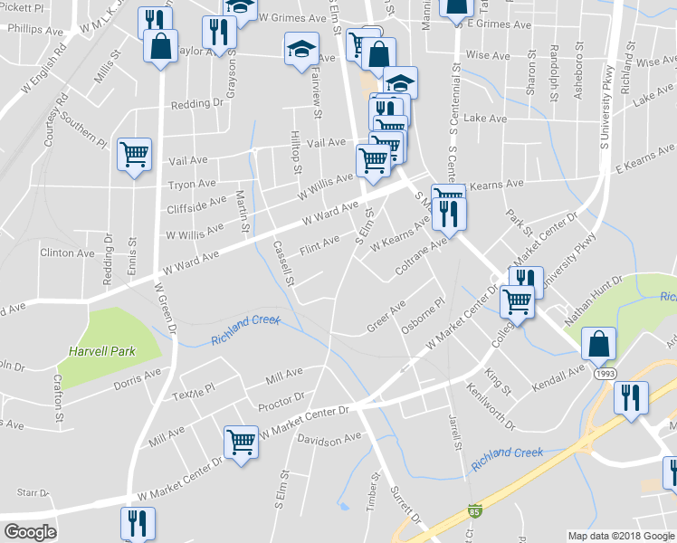 map of restaurants, bars, coffee shops, grocery stores, and more near 1208 South Elm Street in High Point