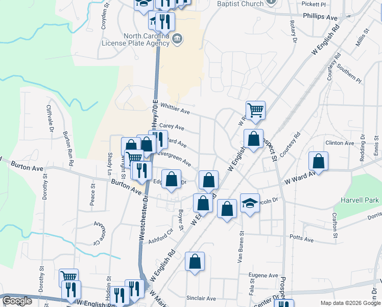 map of restaurants, bars, coffee shops, grocery stores, and more near 405 North Ward Avenue in High Point
