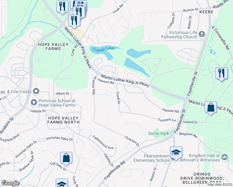 map of restaurants, bars, coffee shops, grocery stores, and more near 4514 Coral Drive in Durham