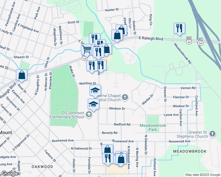 map of restaurants, bars, coffee shops, grocery stores, and more near 128 Photinia Court in Rocky Mount