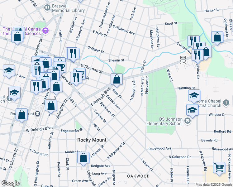 map of restaurants, bars, coffee shops, grocery stores, and more near 525 Rose St in Rocky Mt
