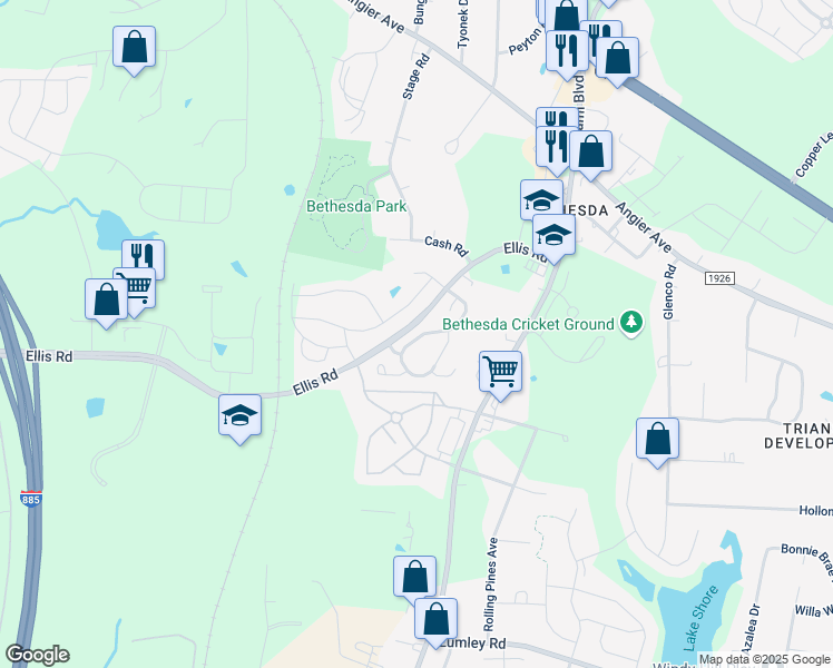 map of restaurants, bars, coffee shops, grocery stores, and more near 409 Hidden Springs Drive in Durham