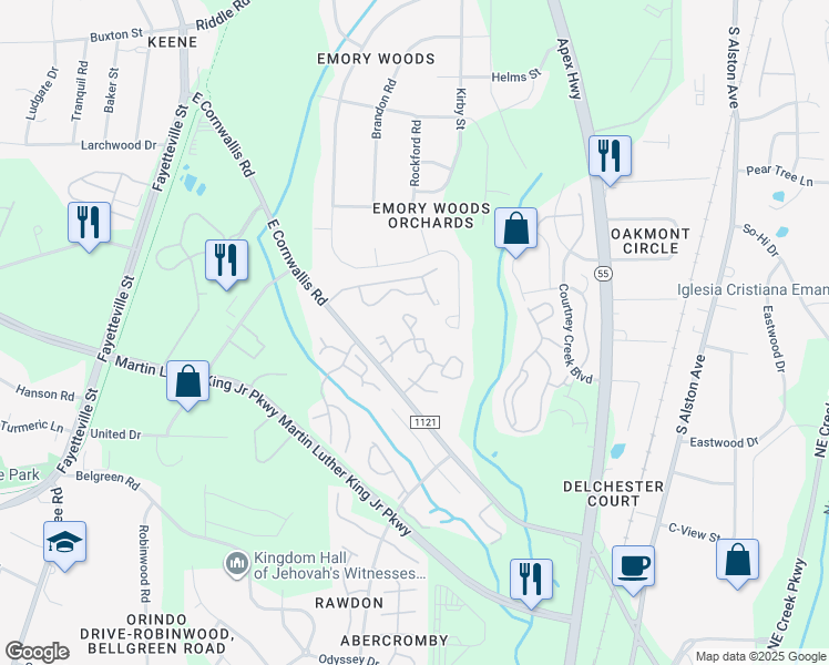 map of restaurants, bars, coffee shops, grocery stores, and more near 1707 East Cornwallis Road in Durham
