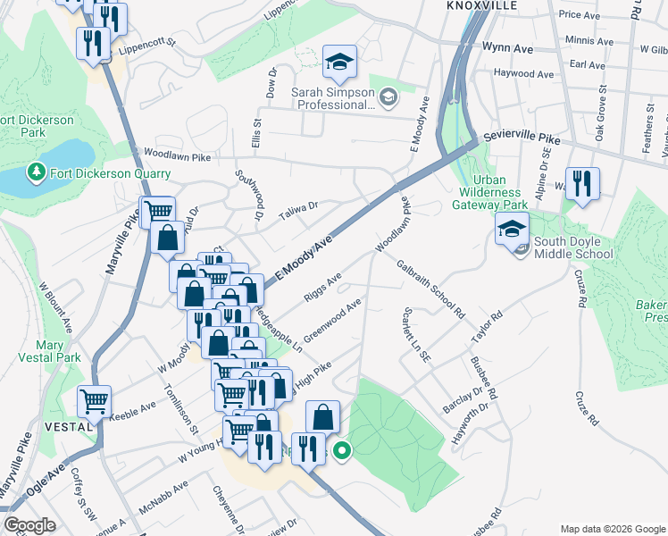 map of restaurants, bars, coffee shops, grocery stores, and more near 325 Riggs Avenue in Knoxville