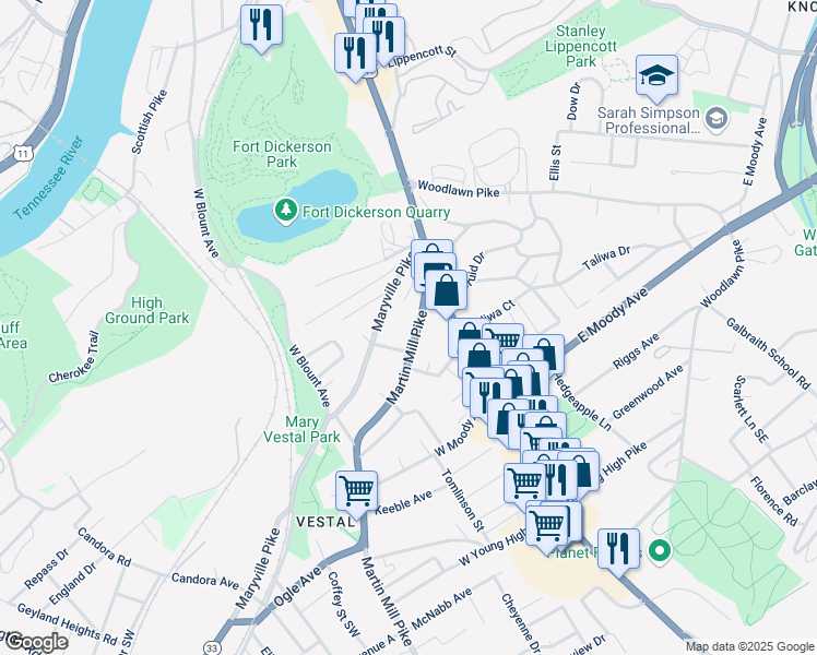 map of restaurants, bars, coffee shops, grocery stores, and more near 107 Flenniken Avenue in Knoxville