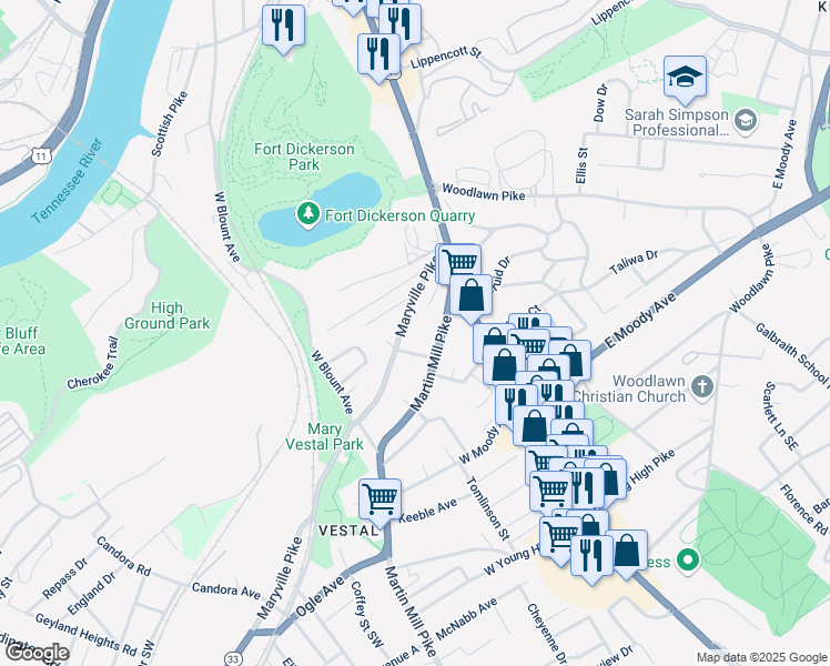 map of restaurants, bars, coffee shops, grocery stores, and more near 209 Flenniken Avenue in Knoxville