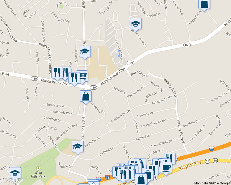 map of restaurants, bars, coffee shops, grocery stores, and more near 7200 Wellswood Lane Northwest in Knoxville