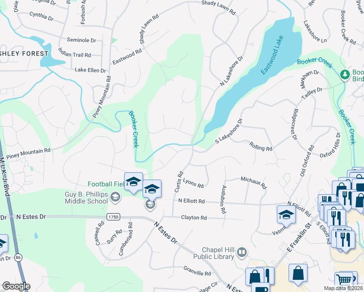 map of restaurants, bars, coffee shops, grocery stores, and more near 600 Kensington Drive in Chapel Hill