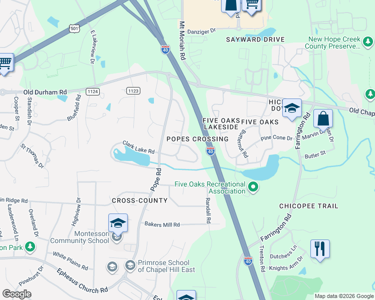 map of restaurants, bars, coffee shops, grocery stores, and more near 4105 Olde Coach Road in Durham