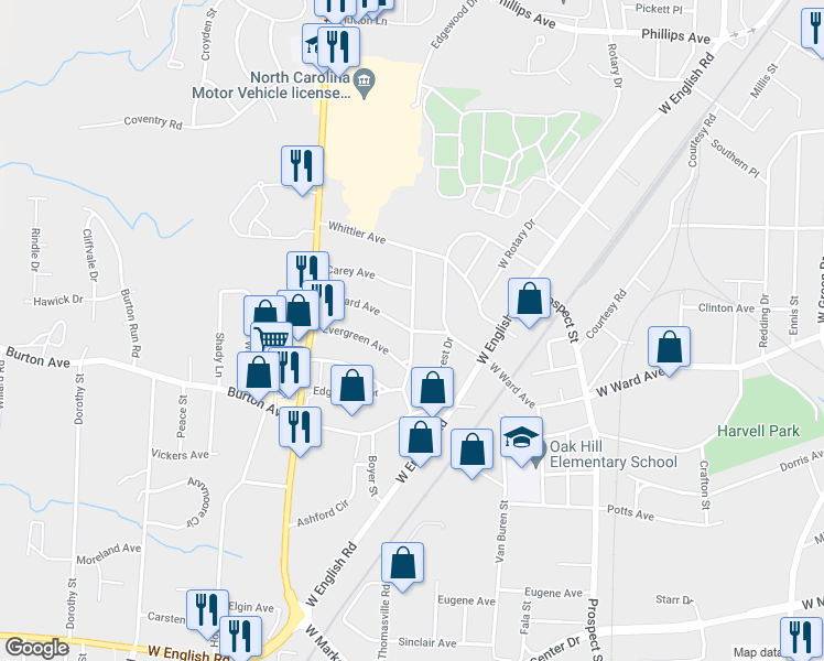 map of restaurants, bars, coffee shops, grocery stores, and more near 2198 Edgewood Drive in High Point