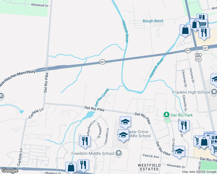 map of restaurants, bars, coffee shops, grocery stores, and more near 2970 Del Rio Pike in Franklin