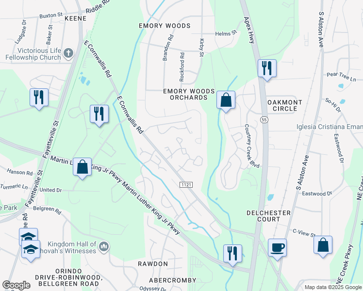 map of restaurants, bars, coffee shops, grocery stores, and more near 1707 East Cornwallis Road in Durham