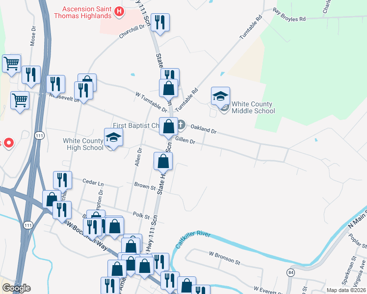 map of restaurants, bars, coffee shops, grocery stores, and more near 107 Gillen Drive in Sparta