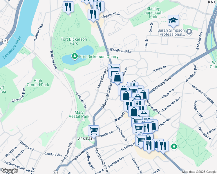 map of restaurants, bars, coffee shops, grocery stores, and more near 107 Flenniken Avenue in Knoxville
