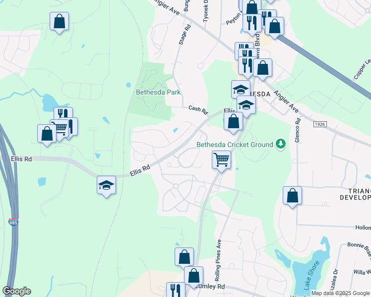 map of restaurants, bars, coffee shops, grocery stores, and more near 409 Hidden Springs Drive in Durham