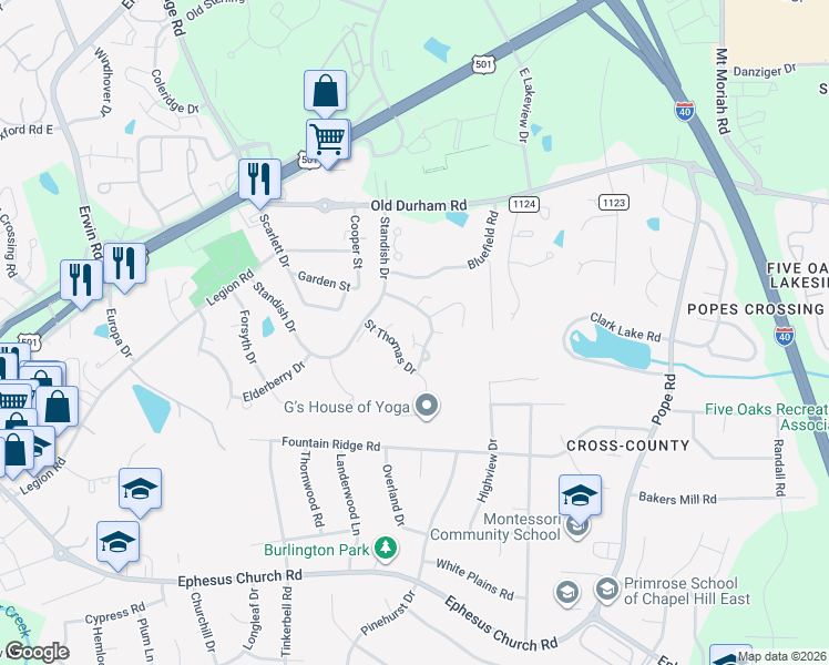map of restaurants, bars, coffee shops, grocery stores, and more near 107 Page Crossing in Chapel Hill