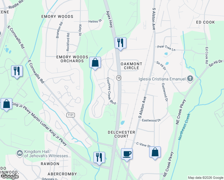 map of restaurants, bars, coffee shops, grocery stores, and more near 1641 Holly Grove Way in Durham