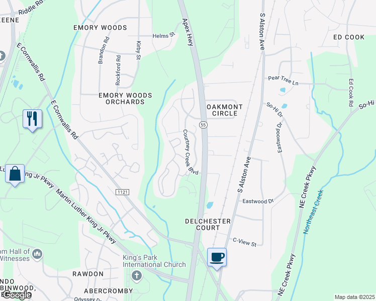 map of restaurants, bars, coffee shops, grocery stores, and more near 2887 Courtney Creek Boulevard in Durham