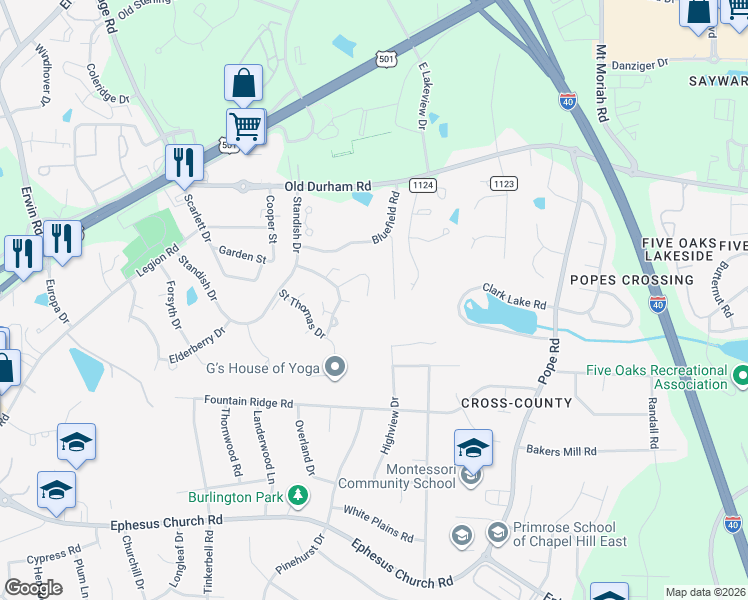 map of restaurants, bars, coffee shops, grocery stores, and more near 318 Charleston Lane in Chapel Hill