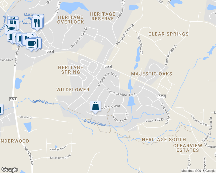map of restaurants, bars, coffee shops, grocery stores, and more near 3929 Heritage View Trail in Wake Forest