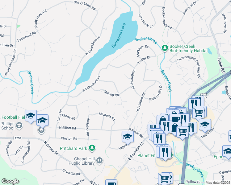 map of restaurants, bars, coffee shops, grocery stores, and more near 237 Woodhaven Road in Chapel Hill