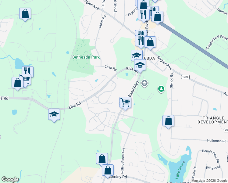 map of restaurants, bars, coffee shops, grocery stores, and more near 506 Hidden Springs Drive in Durham