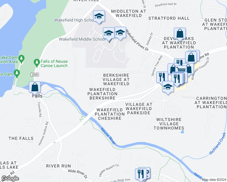 map of restaurants, bars, coffee shops, grocery stores, and more near 13208 Townfield Drive in Raleigh