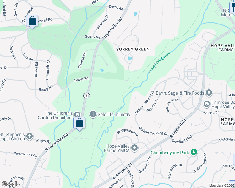 map of restaurants, bars, coffee shops, grocery stores, and more near Third Fork Creek Trail in Durham