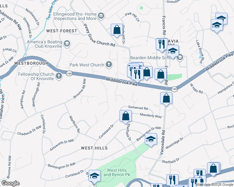 map of restaurants, bars, coffee shops, grocery stores, and more near 7520 Kerri Way in Knoxville